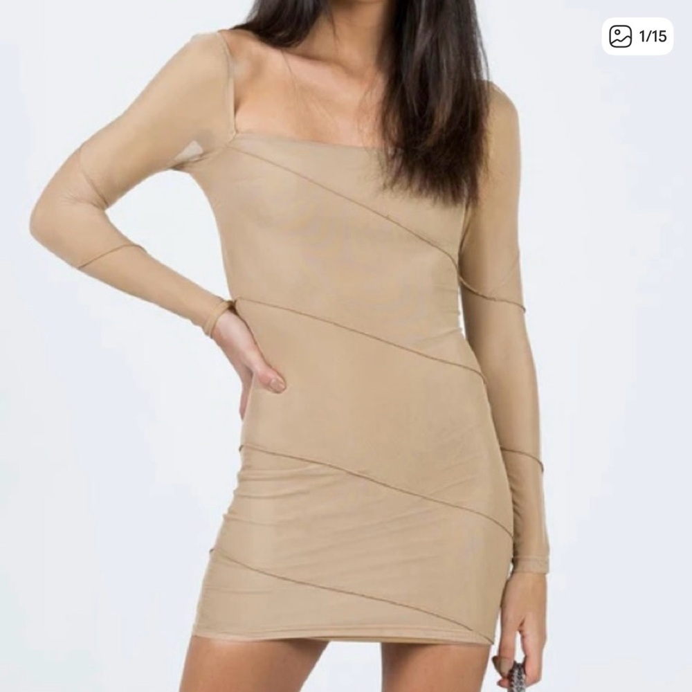 Princess Polly Navaline Beige One-Shoulder Long Sleeve Bodycon Dress